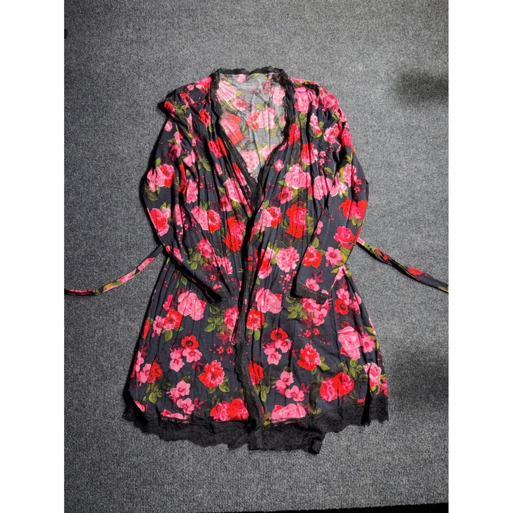 Victorias Secret Floral Lace Trim Modal Robe Black Pink Red XS/S 813405-QCN